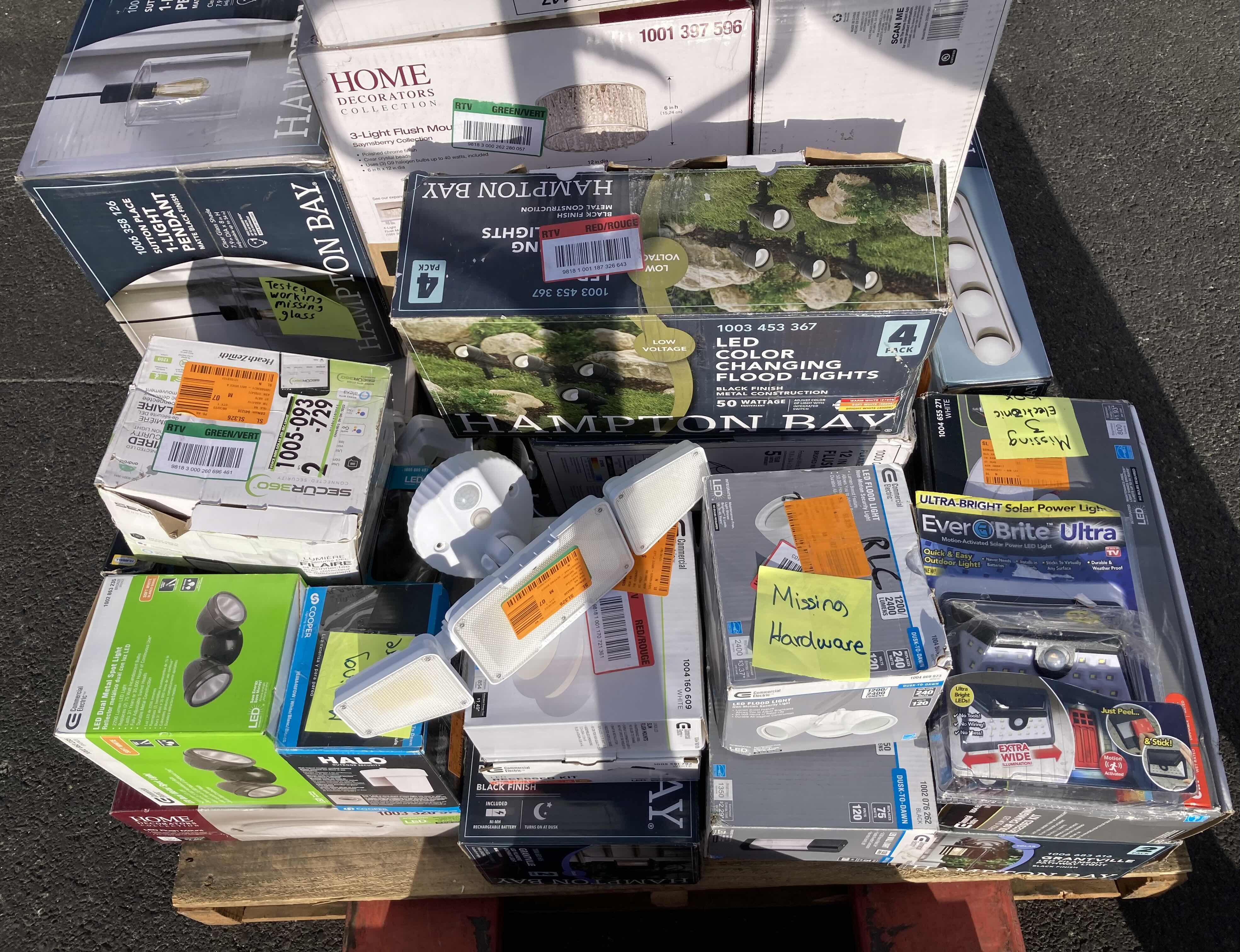 Photo 1 of HOUSEHOLD LIGHT FIXTURES-VARIOUS BRANDS, STYLES & PURPOSES ON PALLET (READ NOTES)