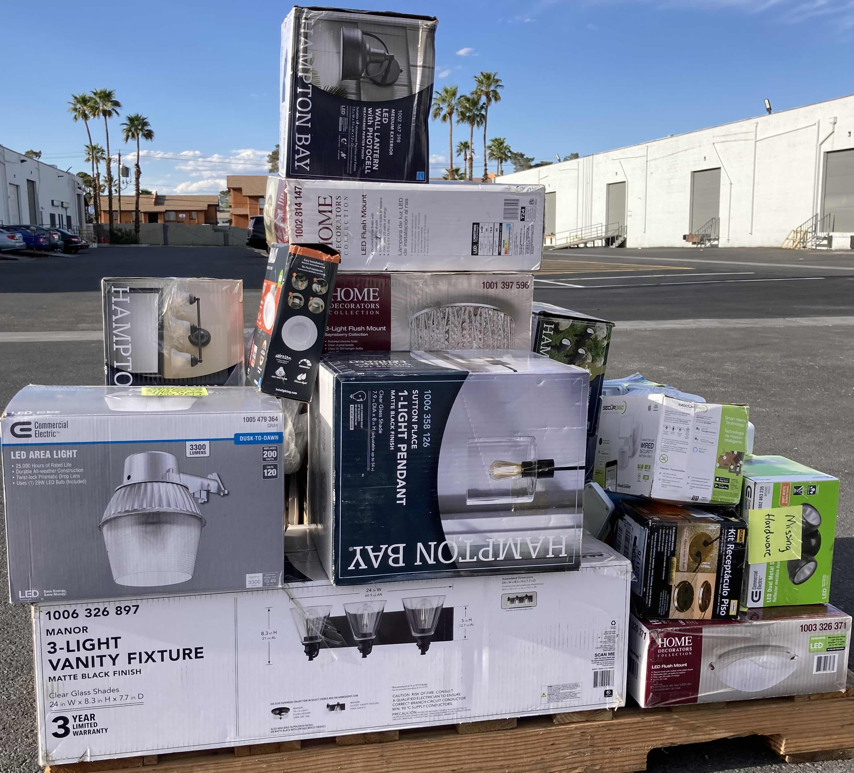 Photo 1 of HOUSEHOLD LIGHT FIXTURES-VARIOUS BRANDS, STYLES & PURPOSES ON PALLET (READ NOTES)