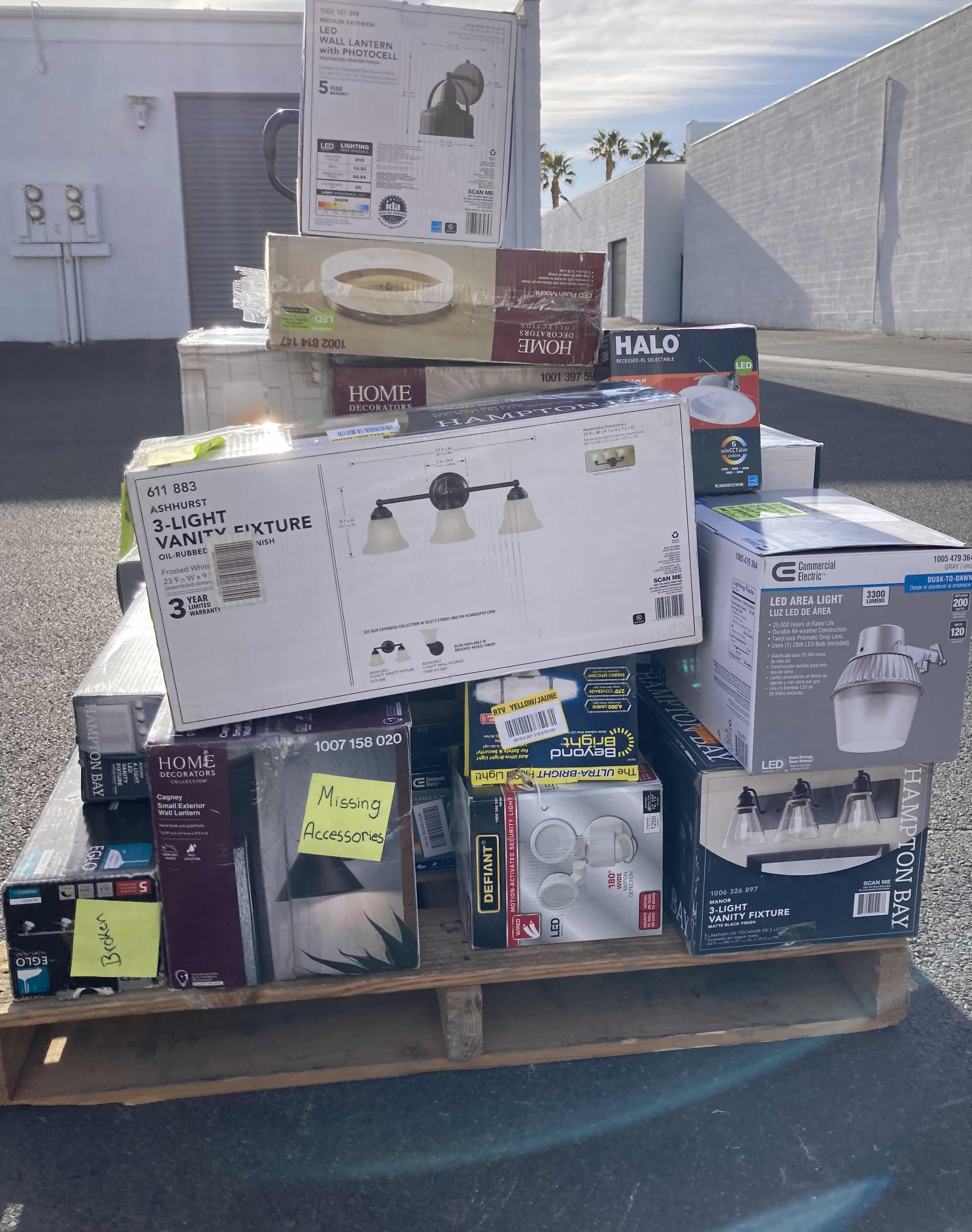 Photo 1 of HOUSEHOLD LIGHT FIXTURES-VARIOUS BRANDS, STYLES & PURPOSES ON PALLET (READ NOTES)