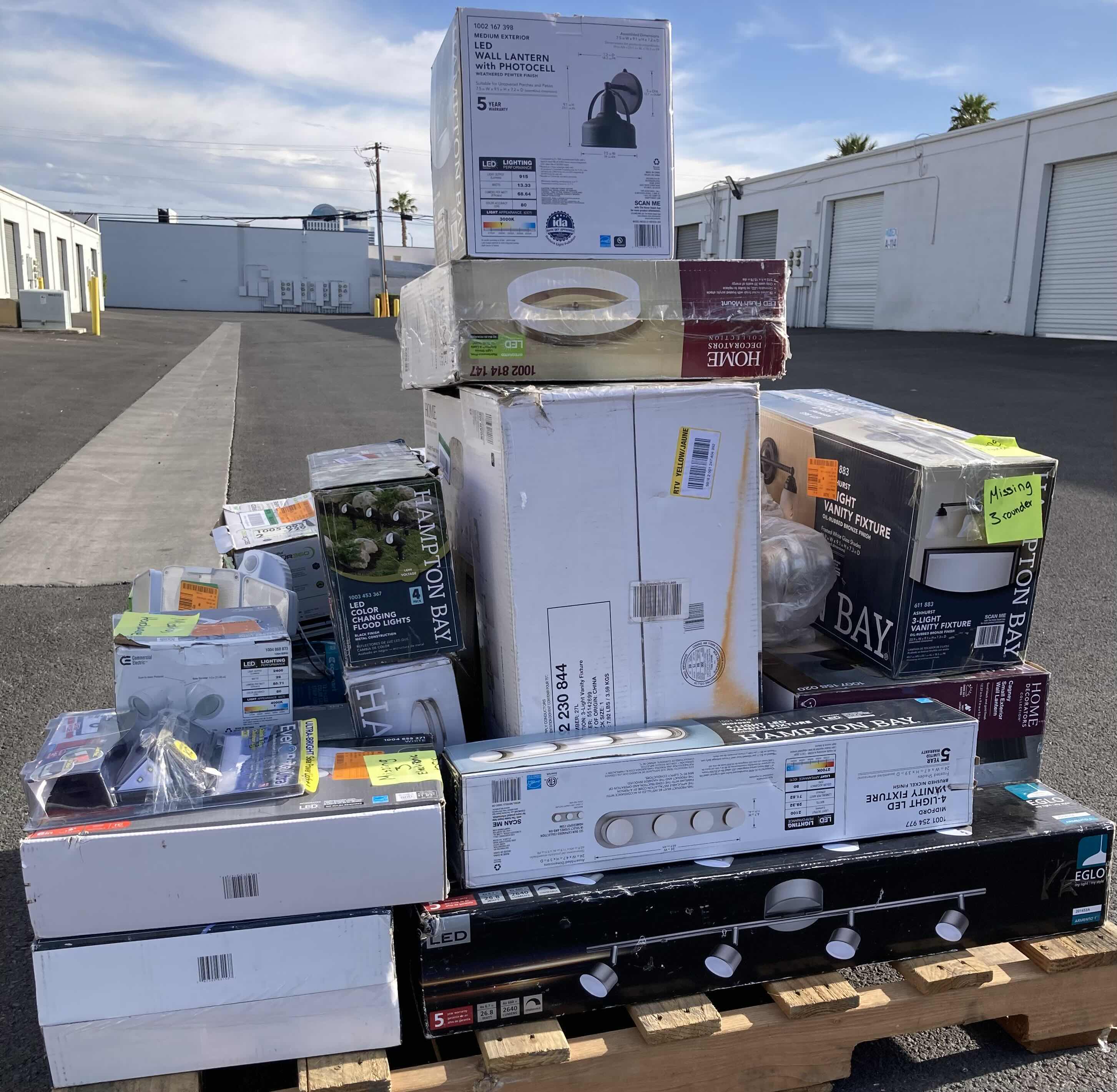 Photo 1 of HOUSEHOLD LIGHT FIXTURES-VARIOUS BRANDS, STYLES & PURPOSES ON PALLET (READ NOTES)