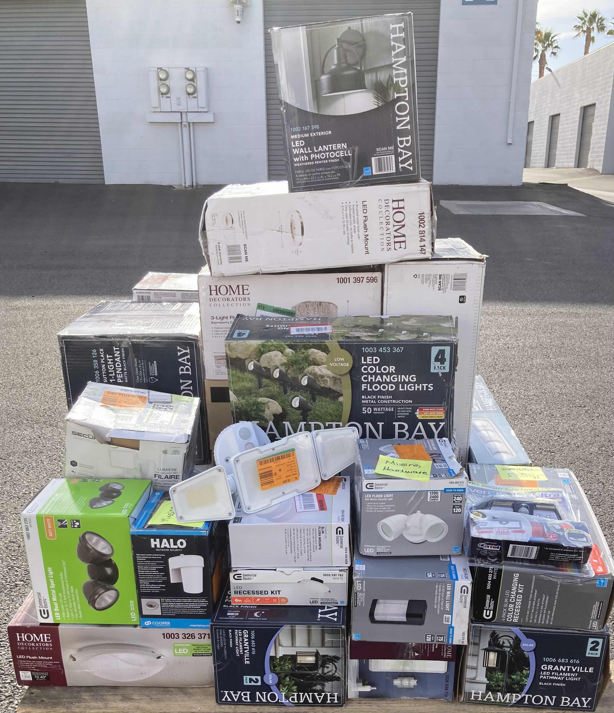 Photo 1 of HOUSEHOLD LIGHT FIXTURES-VARIOUS BRANDS, STYLES & PURPOSES ON PALLET (READ NOTES)