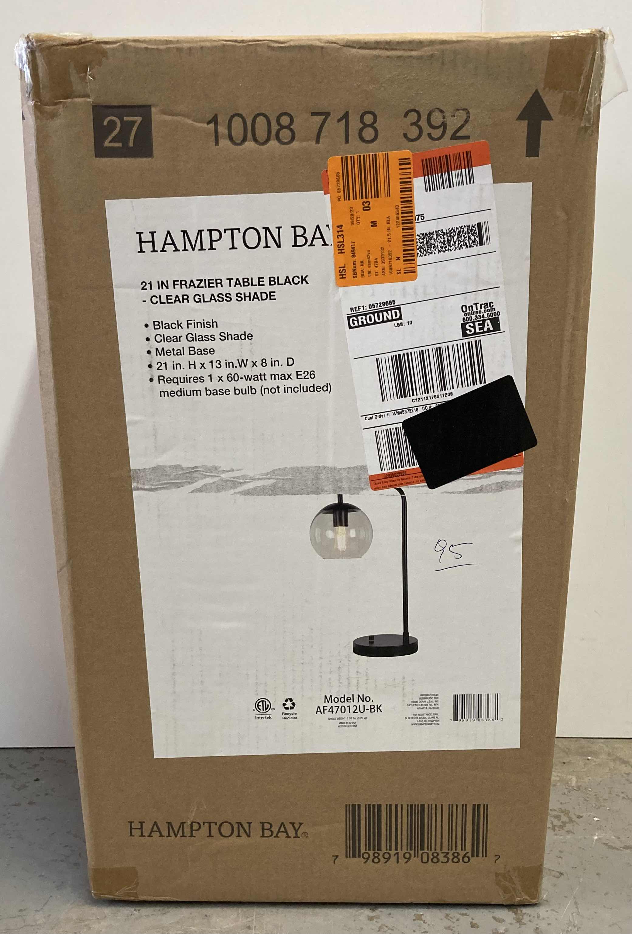 Photo 1 of HAMPTON BAY FRAZIER TABLE LAMP BLACK SHADE CLEAR GLASS SHADE MODEL AF47012U-BK 13” X 8” H21”