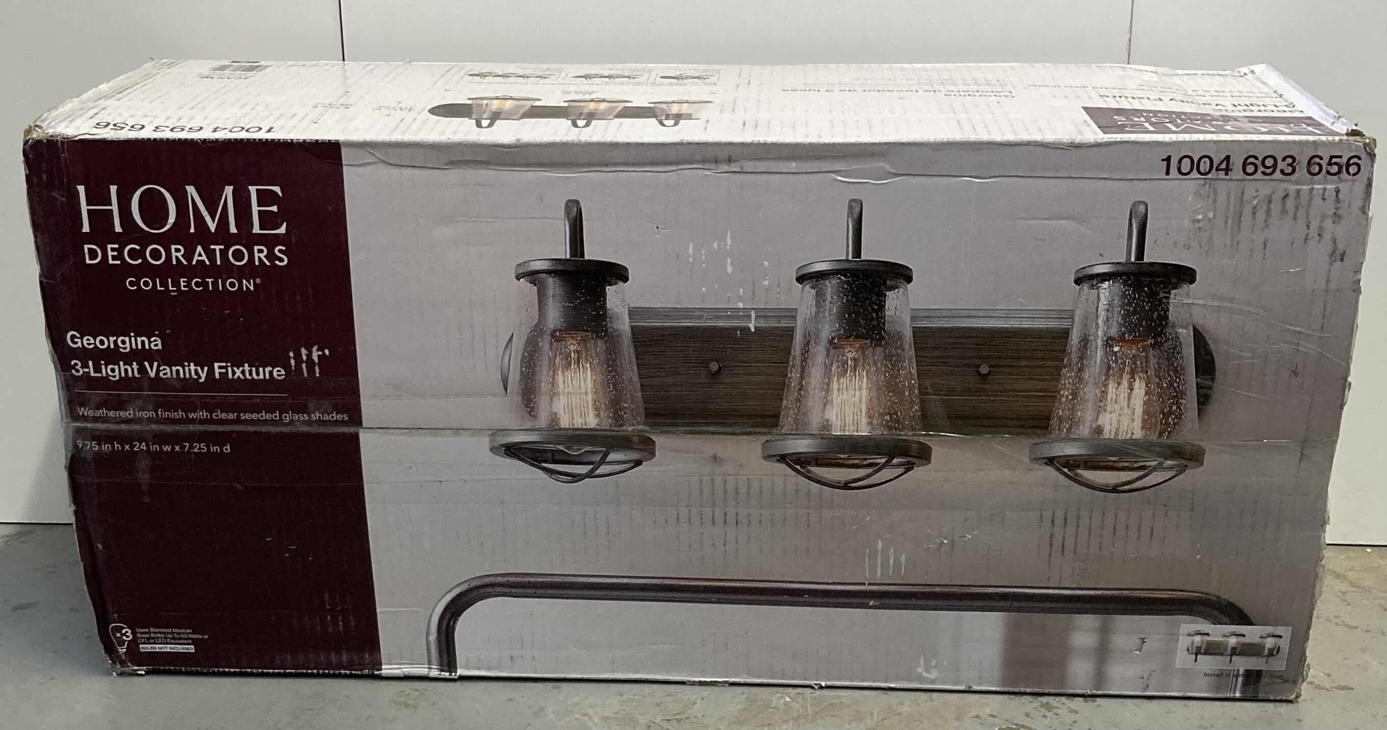 Photo 1 of HOME DECORATORS COLLECTION GEORGINA 3 LIGHT INDUSTRIAL RUSTIC VANITY FIXTURE W CLEAR SEEDED GLASS SHADES MODEL HB2626-322 24” X 9.75”