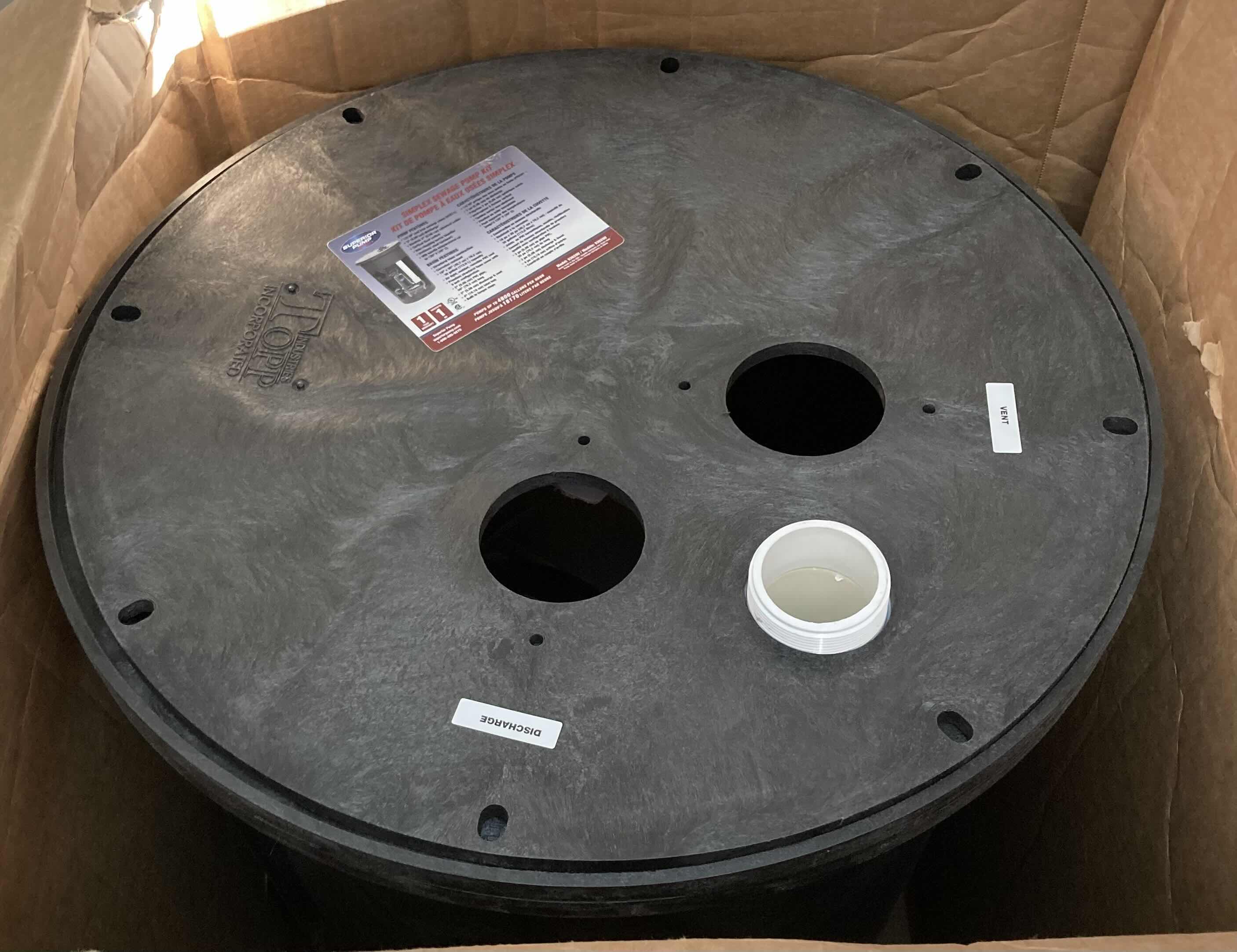 Photo 2 of SUPERIOR PUMP CAST IRON FLOAT SWITCH SEWAGE PUMP W BASIN KIT MODEL 93020U 19” X 19” H30”