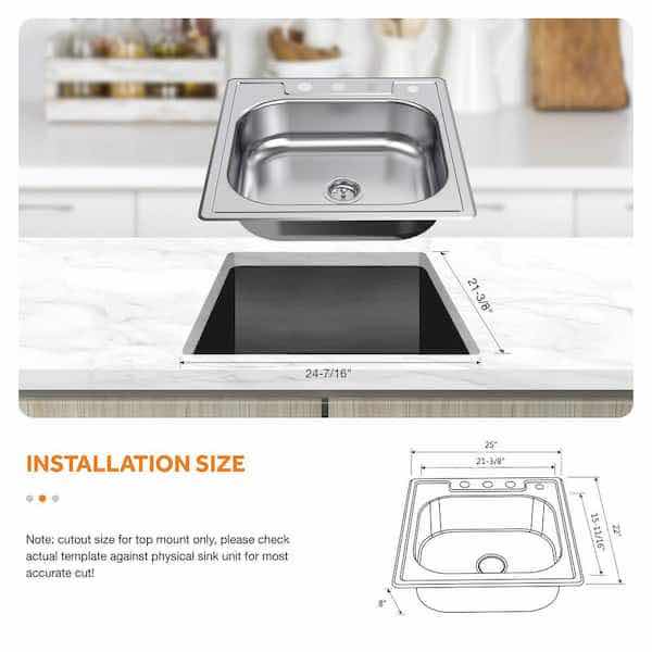 Photo 1 of GLACIER BAY 25” STAINLESS STEEL 20G DROP IN SINGLE BOWL KITCHEN SINK MODEL HDSB252284