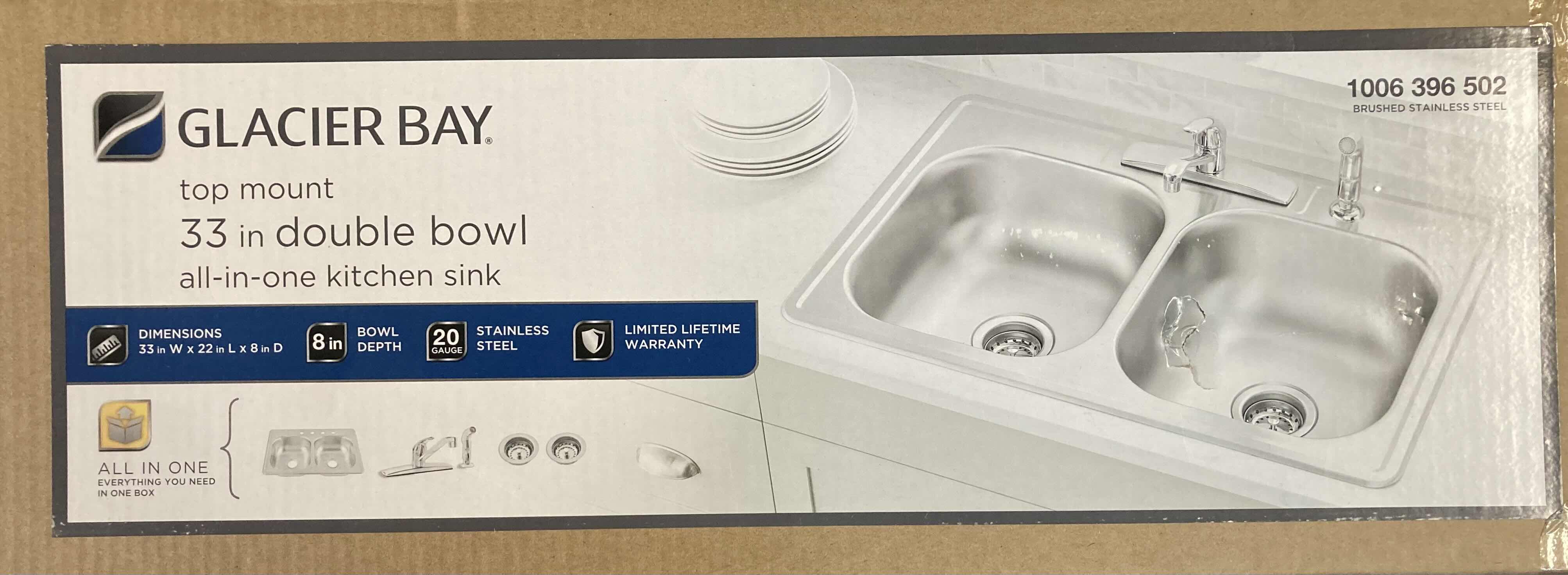Photo 1 of GLACIER BAY 33” STAINLESS STEEL 20G TOP MOUNT DOUBLE BOWL KITCHEN SINK ALL IN ONE MODEL VT3322A08SHA1