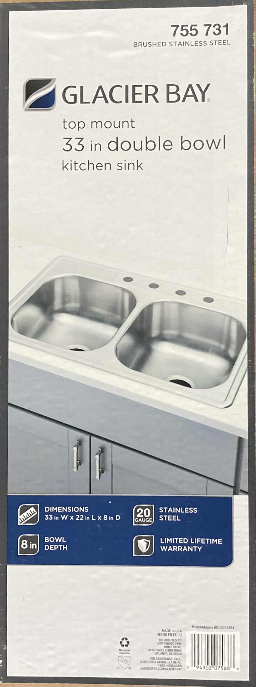 Photo 1 of GLACIER BAY 33” STAINLESS STEEL 20G TOP MOUNT DOUBLE BOWL KITCHEN SINK MODEL HDDB332284
