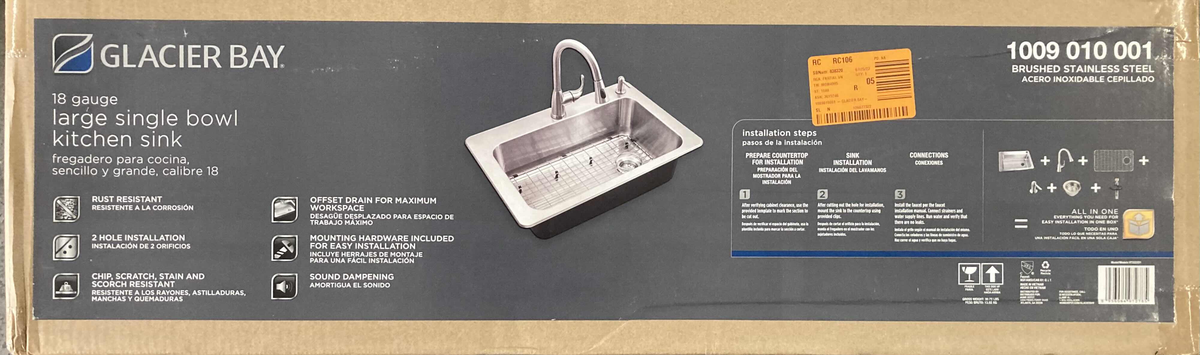 Photo 1 of GLACIER BAY 33” STAINLESS STEEL 18G DROP IN SINGLE BOWL KITCHEN SINK ALL IN ONE MODEL VT3322D1