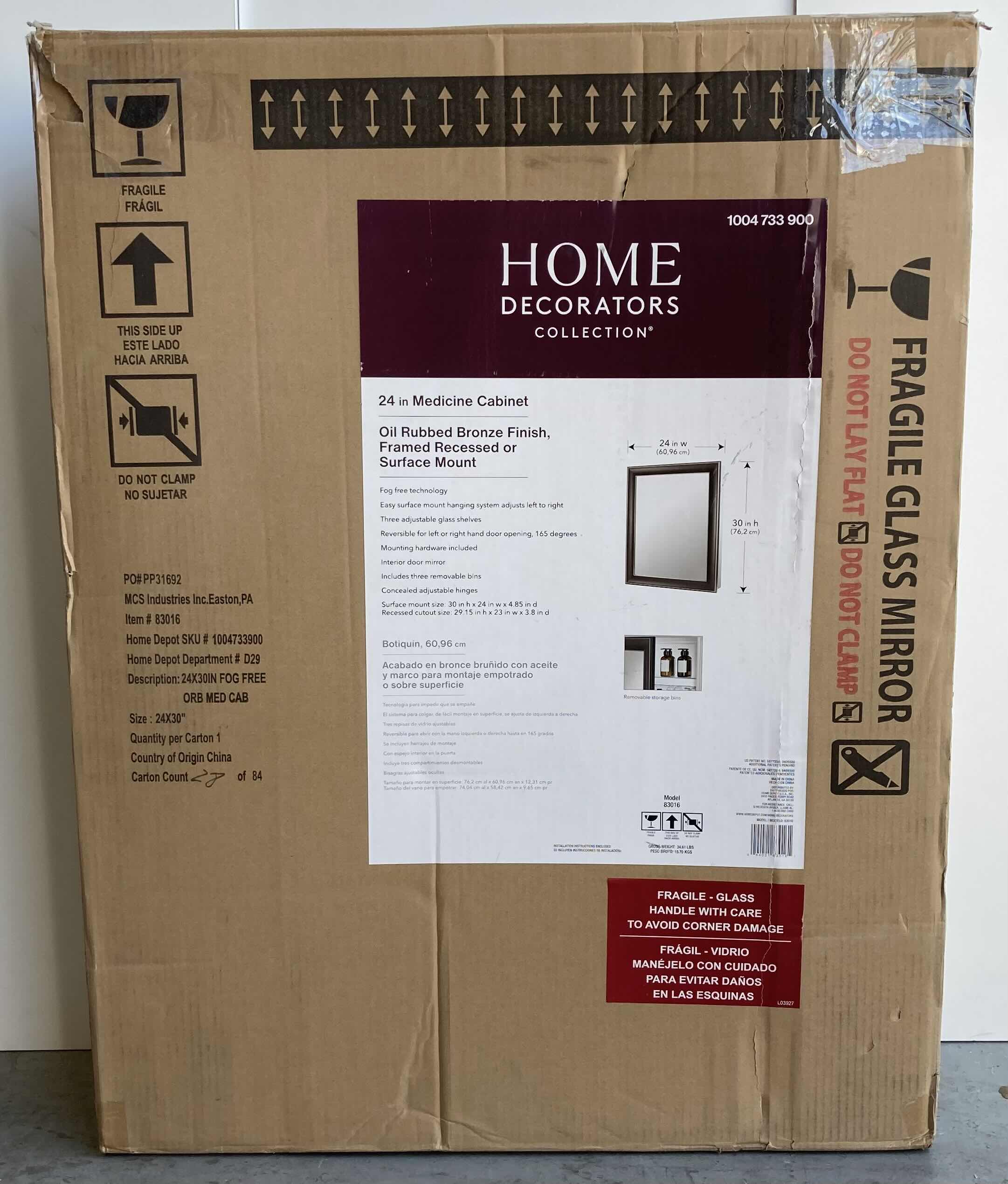 Photo 4 of HOME DECORATORS COLLECTION OIL RUBBED BRONZE RECTANGULAR MIRRORED MEDICINE CABINET 24” X 30”