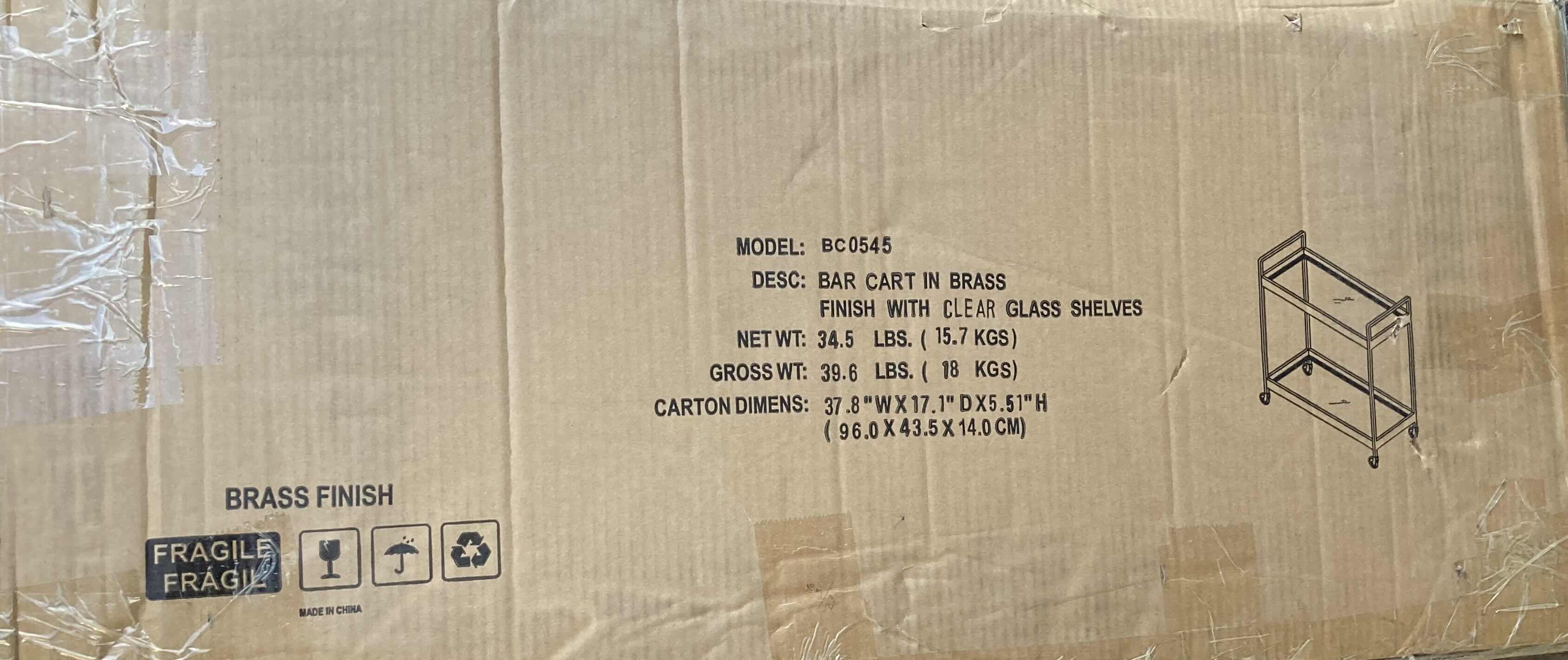 Photo 1 of MEYER&CROSS COOPER BRASS FINISH BAR CART 33” X 14” H35”