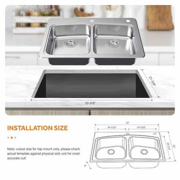 Photo 1 of GLACIER BAY 33” STAINLESS STEEL 20G DROP IN DOUBLE BOWL ALL IN ONE KITCHEN SINK MODEL VT3322R08-2A