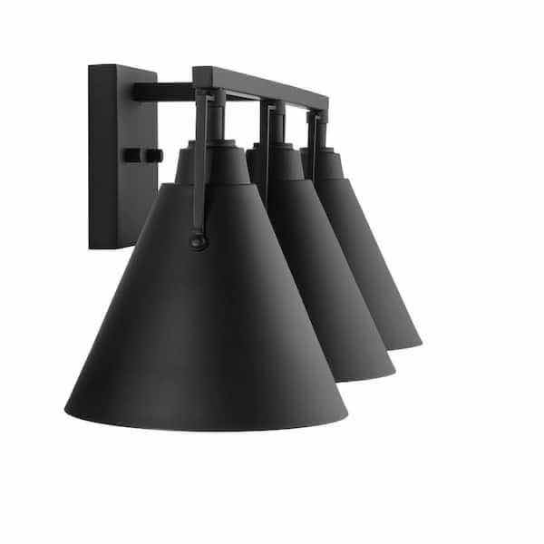 Photo 1 of HOME DECORATORS COLLECTION MATTE BLACK FINISH INSDALE 3 LIGHT METAL SHADE VANITY FIXTURE LIGHT 1006317716  24” X 7.75” H8.38”
