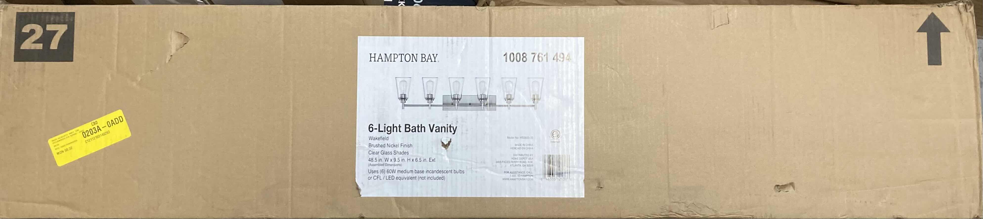 Photo 1 of HAMPTON BAY 48.5” WAKEFIELD BRUSHED NICKEL 6 LIGHT VANITY FIXTURE W CLEAR GLASS SHADES MODEL HB3803-35 48.5” X 6.5” H9.5”