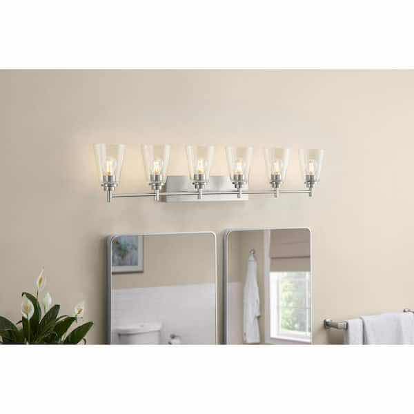 Photo 1 of HAMPTON BAY 48.5” WAKEFIELD BRUSHED NICKEL 6 LIGHT VANITY FIXTURE W CLEAR GLASS SHADES MODEL HB3803-35 48.5” X 6.5” H9.5”