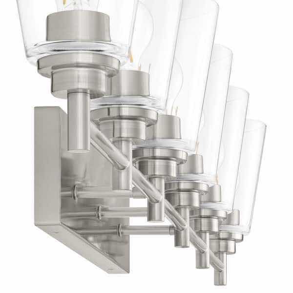 Photo 1 of HAMPTON BAY 48.5” WAKEFIELD BRUSHED NICKEL 6 LIGHT VANITY FIXTURE W CLEAR GLASS SHADES MODEL HB3803-35 48.5” X 6.5” H9.5”