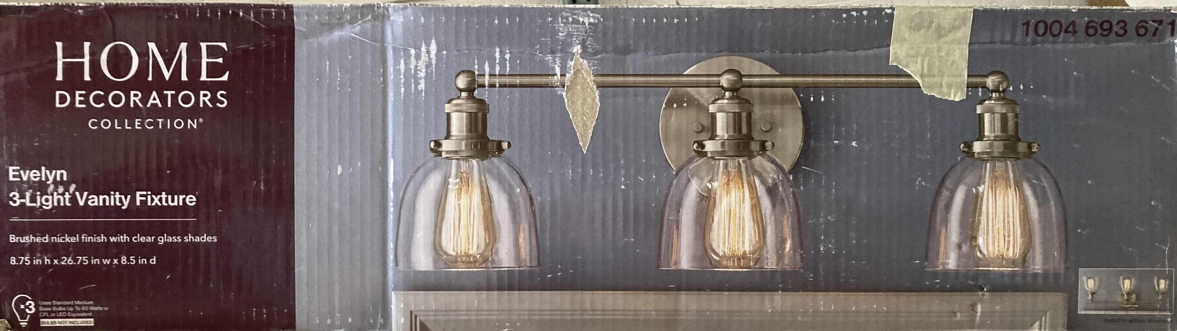 Photo 1 of HOME DECORATORS COLLECTION 26.75” EVELYN BRUSHED NICKEL 3 LIGHT INDUSTRIAL VANITY FIXTURE W CLEAR GLASS SHADES MODEL HB2586-35