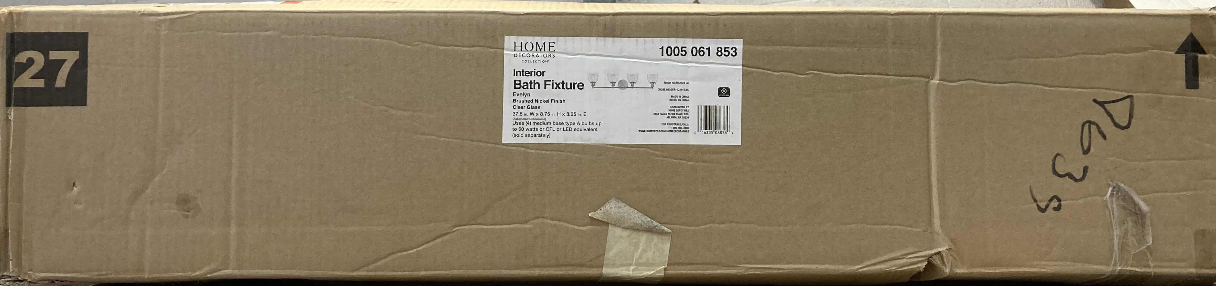 Photo 1 of HOME DECORATORS COLLECTION 37.5” EVELYN BRUSHED NICKEL 4 LIGHT INDUSTRIAL VANITY FIXTURE W CLEAR GLASS SHADES MODEL HB2628-35