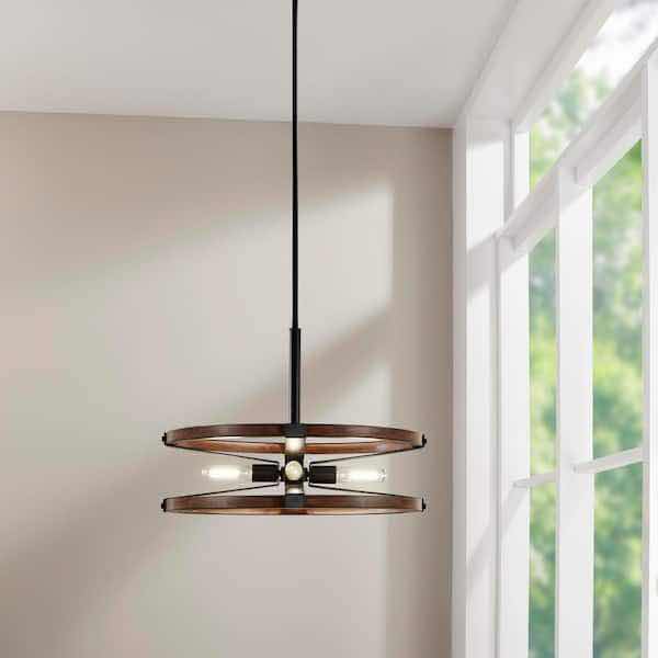 Photo 4 of HAMPTON BAY 22.5” ROCKLAND MATTE BLACK 4 LIGHT PENDANT LIGHT W PAINTED WOOD ACCENT SHADE MODEL HB3637-43 22.5” X 22.5” H 60”