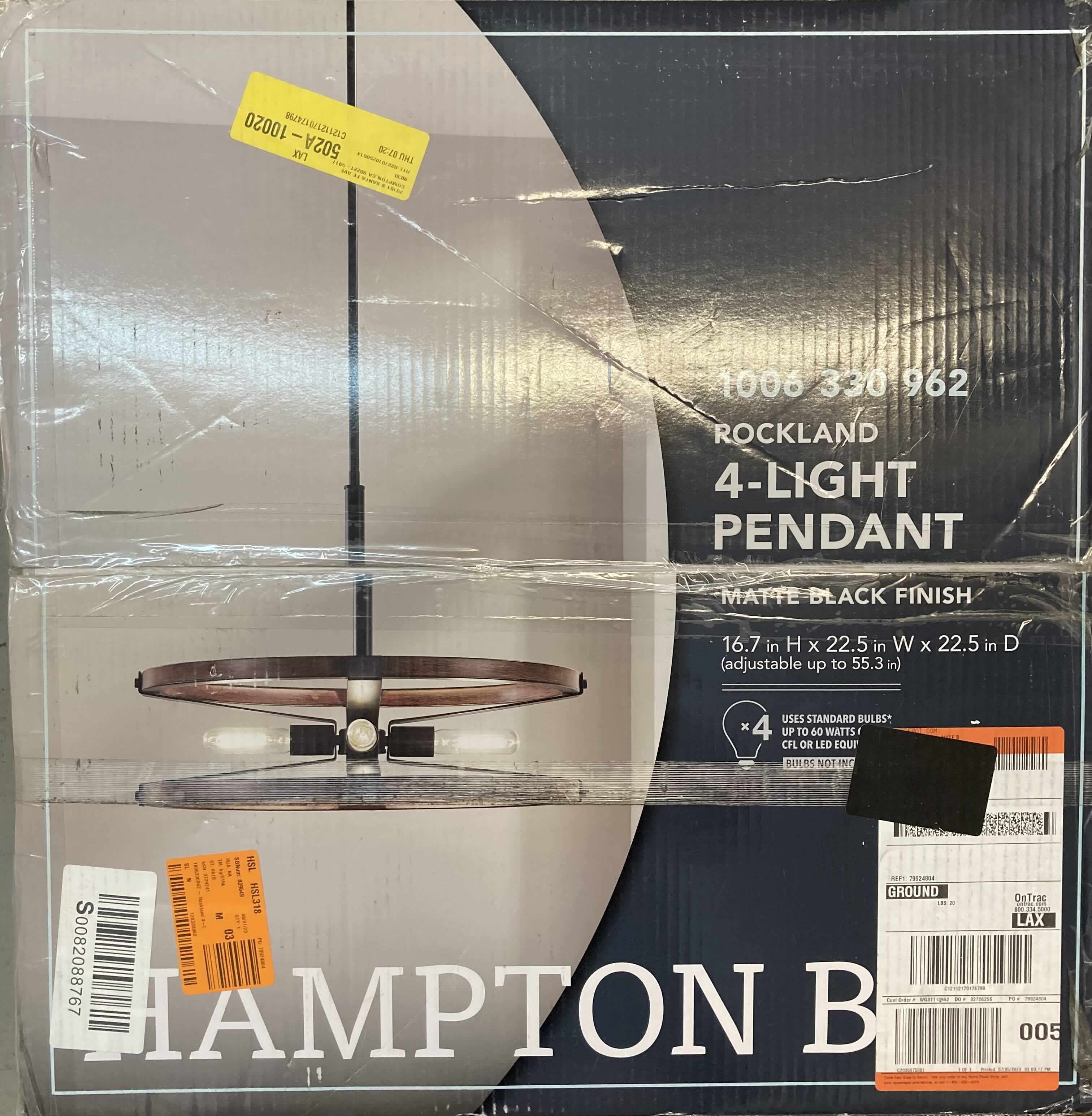 Photo 1 of HAMPTON BAY 22.5” ROCKLAND MATTE BLACK 4 LIGHT PENDANT LIGHT W PAINTED WOOD ACCENT SHADE MODEL HB3637-43 22.5” X 22.5” H 60”