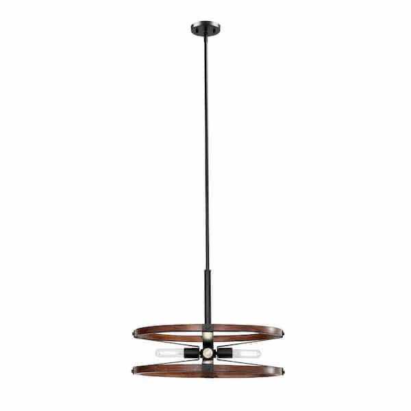 Photo 1 of HAMPTON BAY 22.5” ROCKLAND MATTE BLACK 4 LIGHT PENDANT LIGHT W PAINTED WOOD ACCENT SHADE MODEL HB3637-43 22.5” X 22.5” H 60”