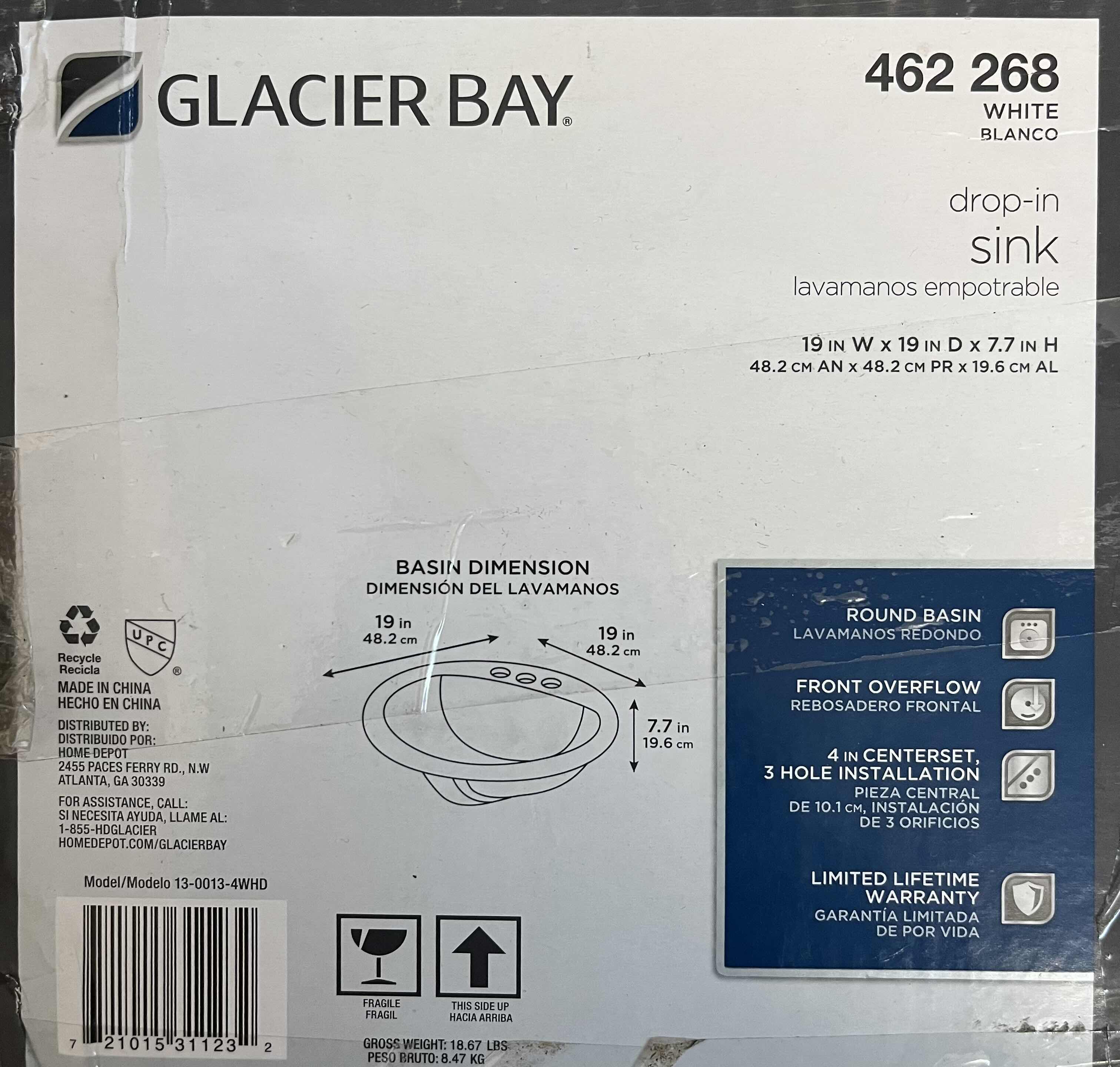 Photo 1 of GLACIER BAY 19” VITREOUS CHINA WHITE DROP IN BASIN BATHROOM SINK 462 263