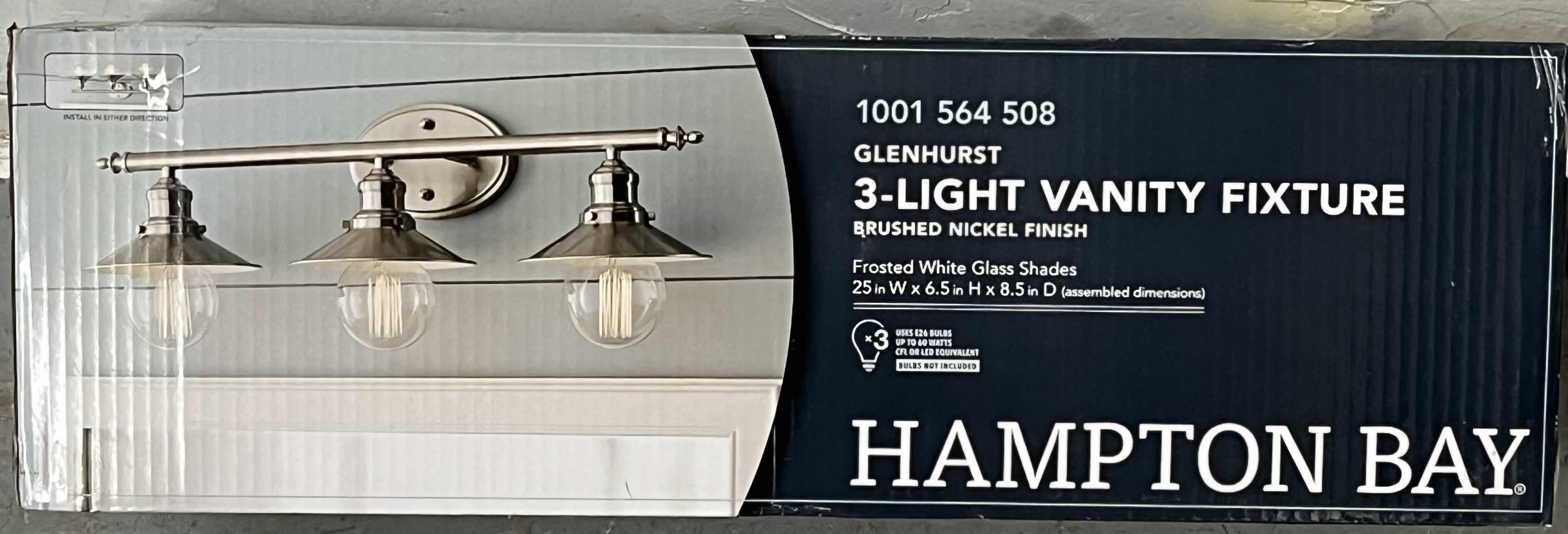 Photo 1 of HAMPTON BAY GLENHURST BRUSH NICKEL FINISH FROSTED WHITE GLASS SHADES 3 LIGHT VANITY FIXTURE LIGHT 1001 564 508