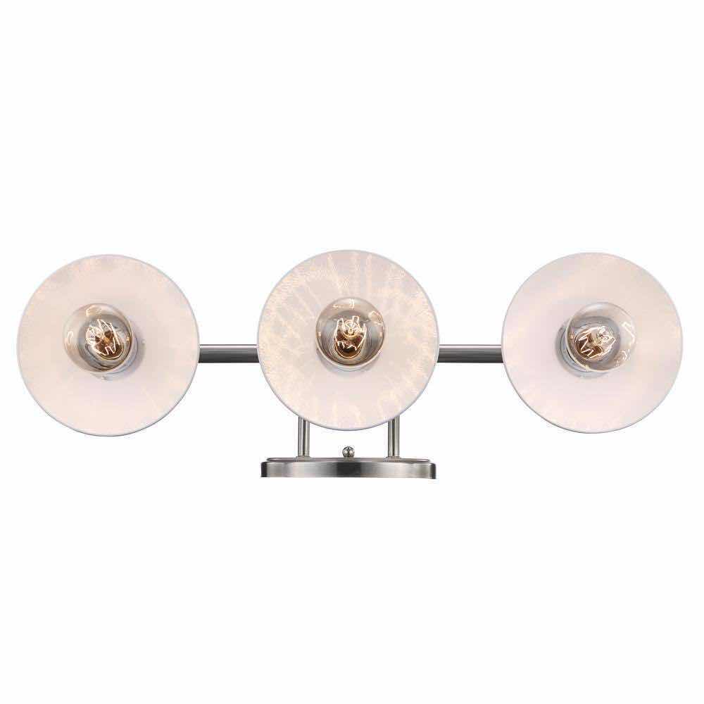 Photo 1 of HAMPTON BAY GLENHURST BRUSH NICKEL FINISH FROSTED WHITE GLASS SHADES 3 LIGHT VANITY FIXTURE LIGHT 1001 564 508