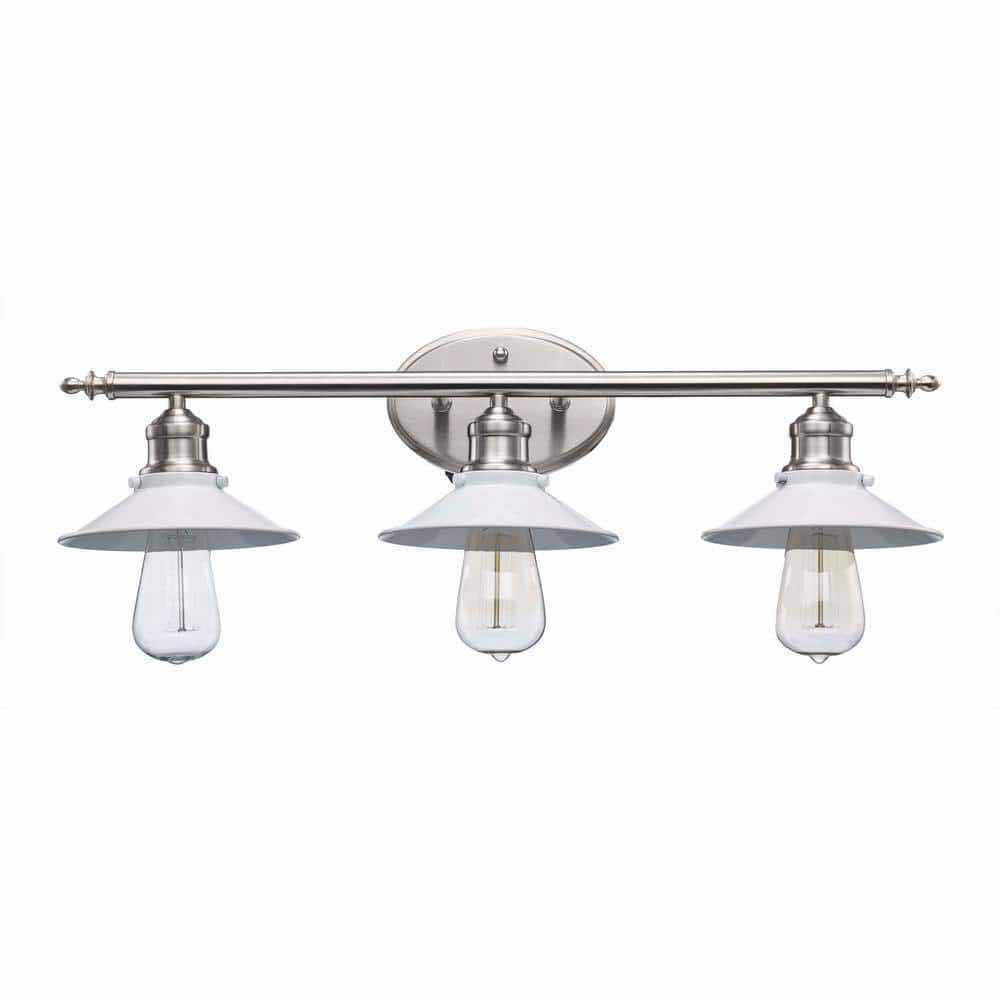 Photo 1 of HAMPTON BAY GLENHURST BRUSH NICKEL FINISH FROSTED WHITE GLASS SHADES 3 LIGHT VANITY FIXTURE LIGHT 1001 564 508