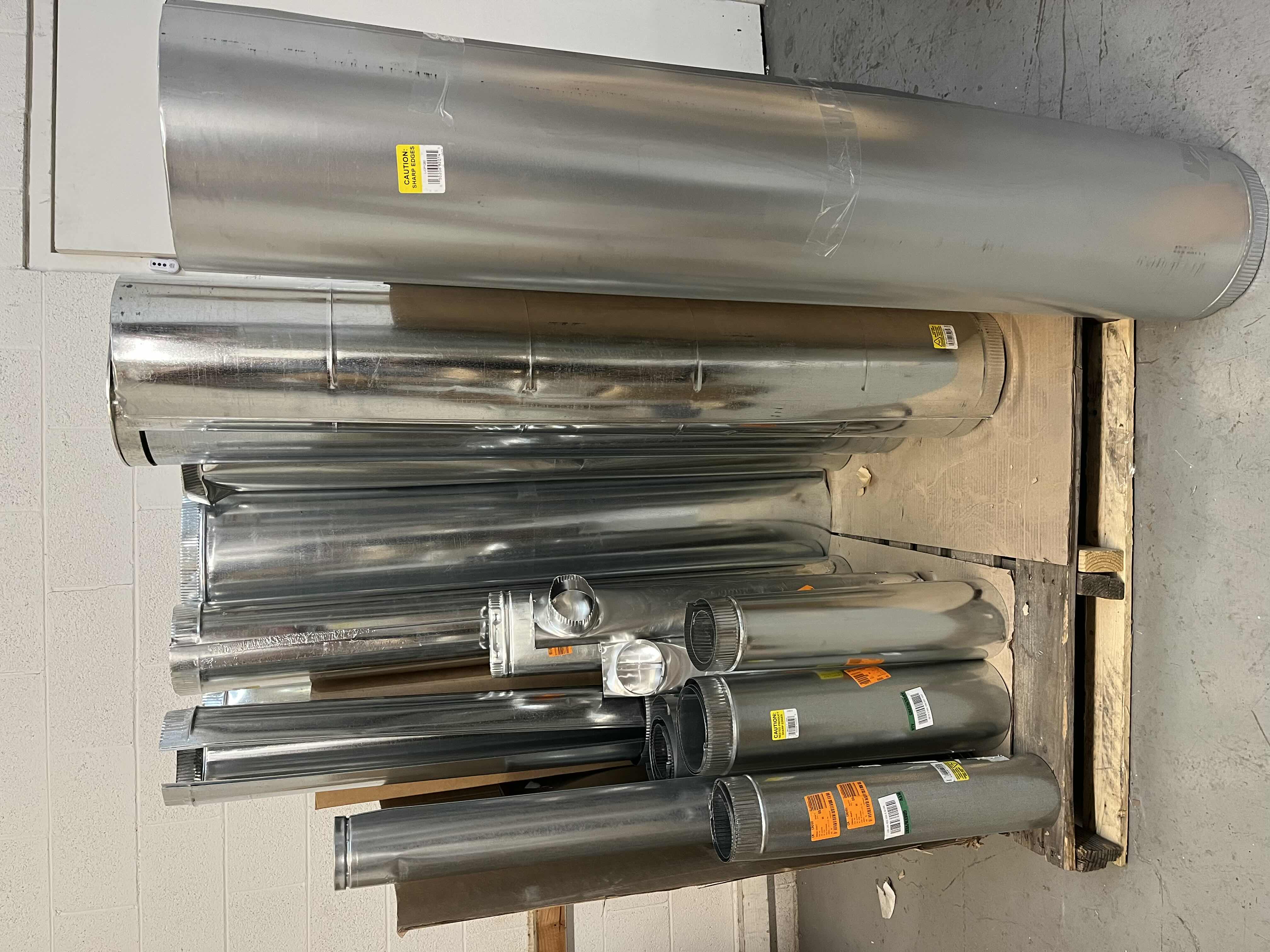 Photo 1 of MASTERFLOW GALVANIZED STEEL DUCTING ON PALLET- VARIOUS SIZES & PURPOSES (APPROX 20PCS) READ NOTES