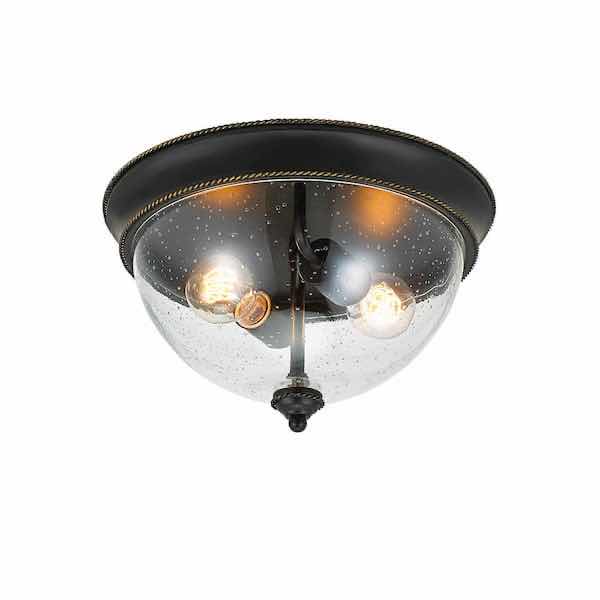 Photo 1 of HAMPTON BAY IRVING 13” BRONZE FINISH 2-LIGHT FLUSH MOUNT CEILING LIGHT W CLEAR SEEDED GLASS SHADE MODEL 21093-000