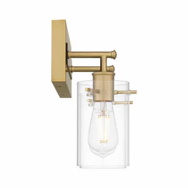 Photo 1 of HAMPTON BAY REGAN 12.75” BRUSHED GOLD FINISH 2-LIGHT VANITY LIGHT W CLEAR GLASS SHADES MODEL DSHD19574V9 12.75” X 6.25” H10.5” (READ NOTES)