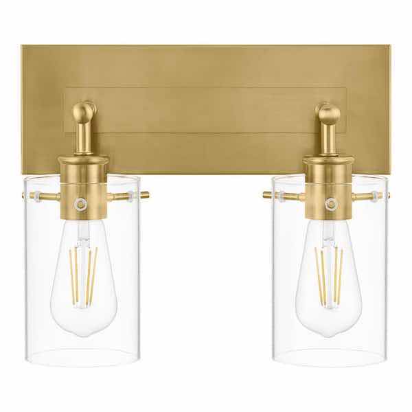 Photo 1 of HAMPTON BAY REGAN 12.75” BRUSHED GOLD FINISH 2-LIGHT VANITY LIGHT W CLEAR GLASS SHADES MODEL DSHD19574V9 12.75” X 6.25” H10.5” (READ NOTES)