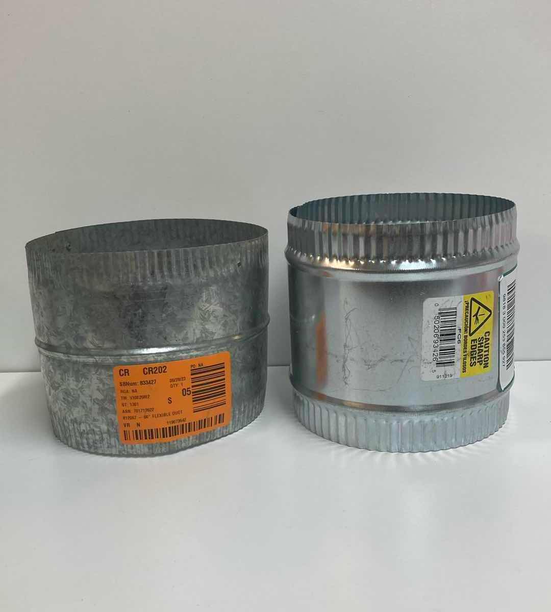 Photo 1 of MASTER FLOW GALVANIZED STEEL DUCT PIPE-ROUND ADJUSTABLE ELBOW 7” 90 DEG, ROUND ADJUSTABLE ELBOW 4” 90 DEG, & 2 FLEXIBLE SHEET METAL CONNECTOR SPLICE COLLAR 6”