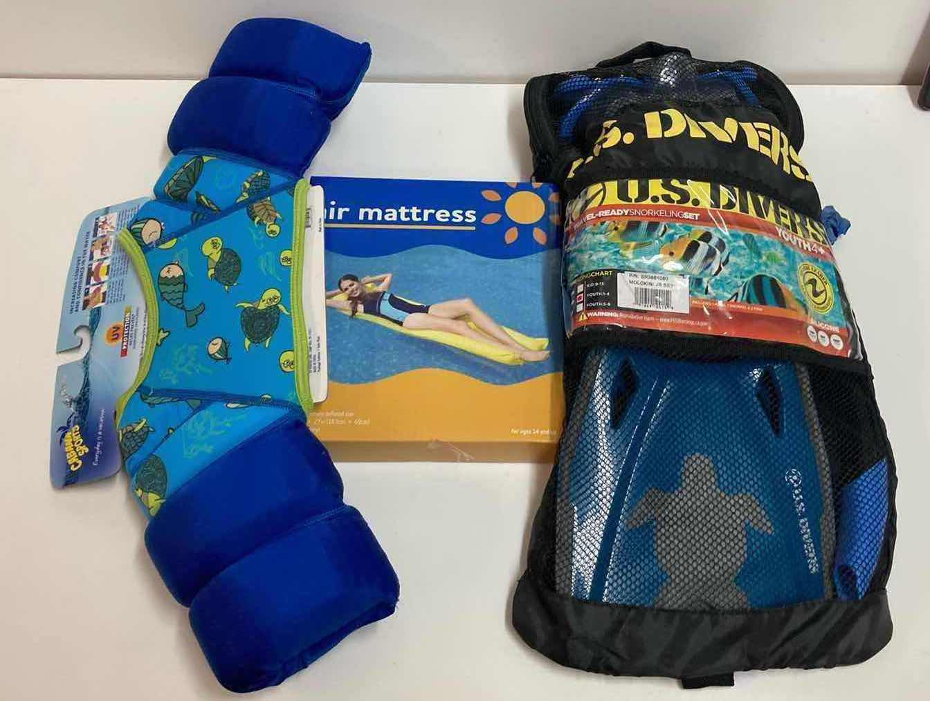 Photo 1 of CABANA SPORTS COMFY ARM FLOATS AGES 2-3YRS, AIR MATTRESS FLOAT & U.S. DIVERS SNORKELING SET JR SIZE M 1-4