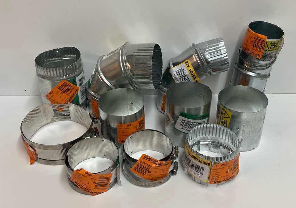 Photo 1 of MASTER FLOW GALVANIZED STEEL DUCT PARTS- COUPLINGS, ELBOWS, FLEXIBLE COLLAR, & EAVE VENTS SIZES 3”-4” (SET OF 11)
