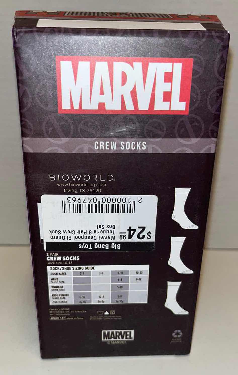 Photo 1 of NEW BIOWORLD MARVEL DEADPOOL EL GUERO TAQUERIA 3 PAIR CREW SOCK BOX SET (ADULT 10-13)