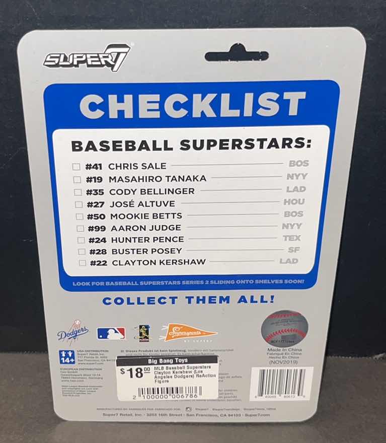 Photo 1 of NEW SUPERSPORTS BY SUPER7 BASEBALL SUPERSTARS ACTION FIGURE, LOS ANGELES DODGERS CLAYTON KERSHAW #22