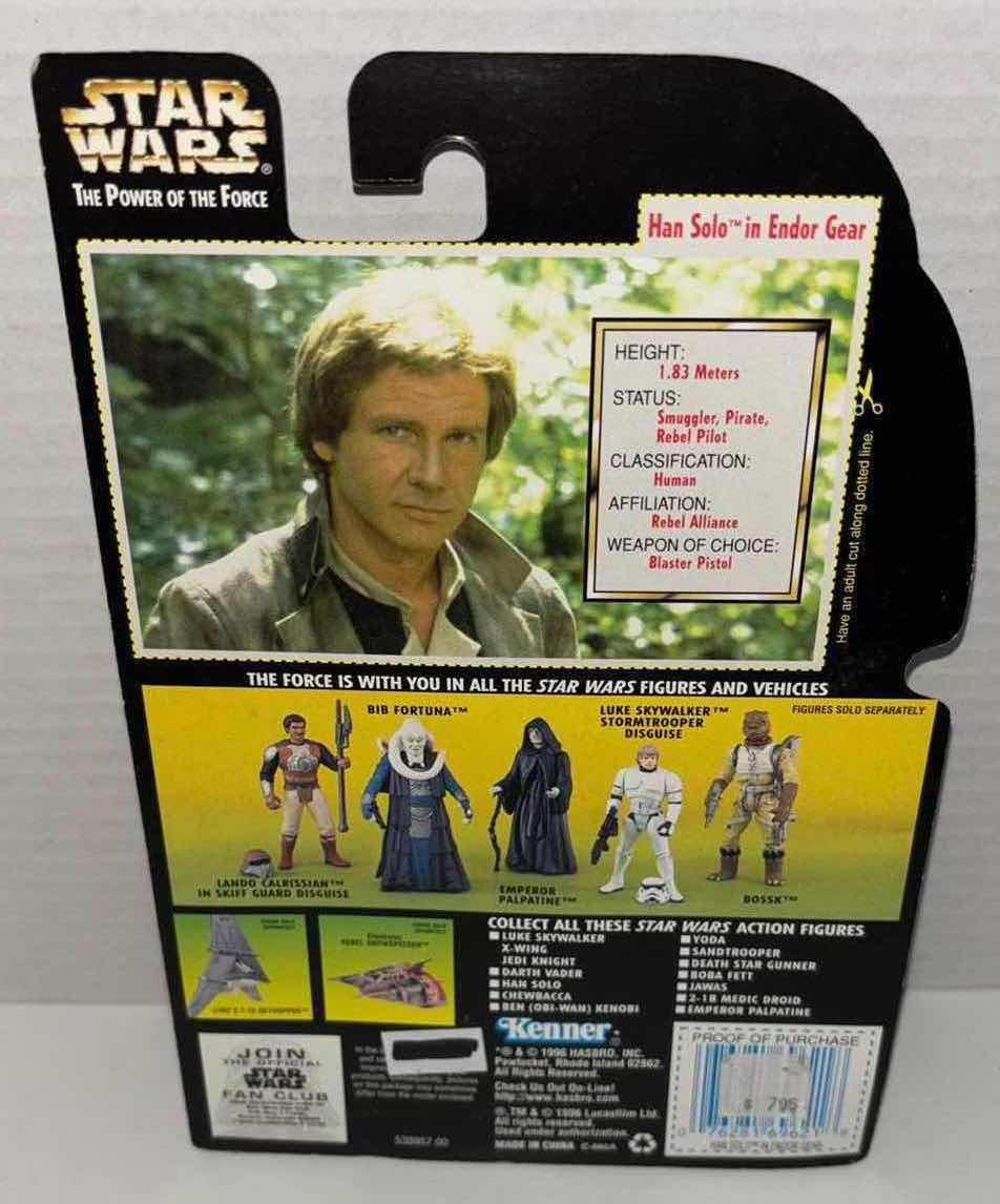 Photo 1 of NEW KENNER STAR WARS THE POWER OF THE FORCE ACTION FIGURE, HAN SOLO IN ENDOR GEAR W BLASTER PISTOL