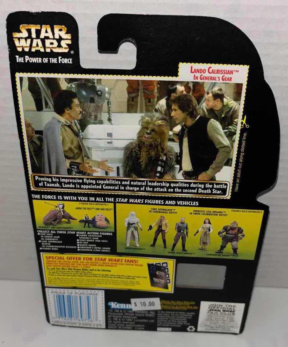 Photo 1 of NEW KENNER STAR WARS THE POWER OF THE FORCE ACTION FIGURE, LANDO CALRISSIAN IN GENERALS GEAR W BLASTER PISTOL & FREEZE FRAME ACTION SLIDE