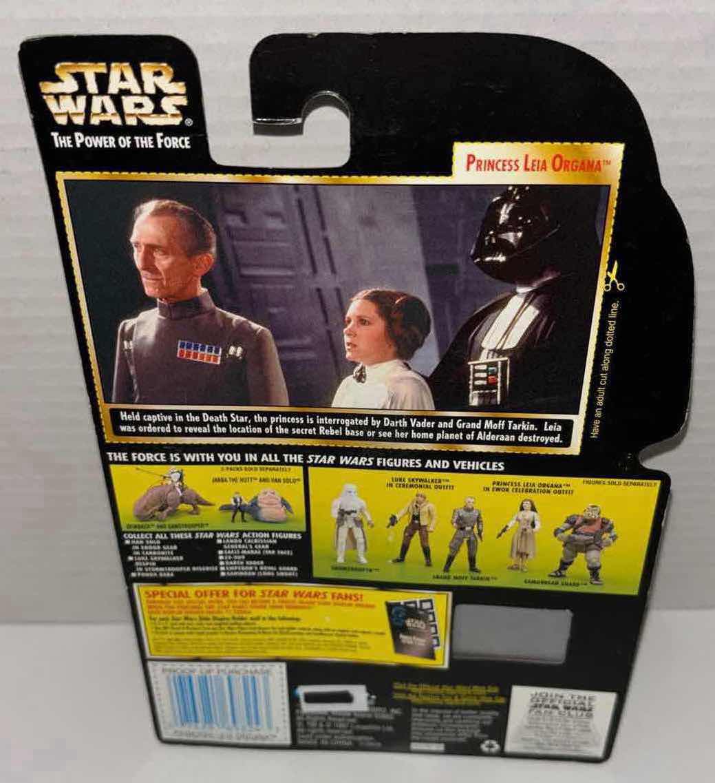 Photo 1 of NEW KENNER STAR WARS THE POWER OF THE FORCE ACTION FIGURE, PRINCESS LEIA ORGANA W BLASTER RIFLE AND LONG-BARRELED PISTOL W FREEZE FRAME ACTION SLIDE