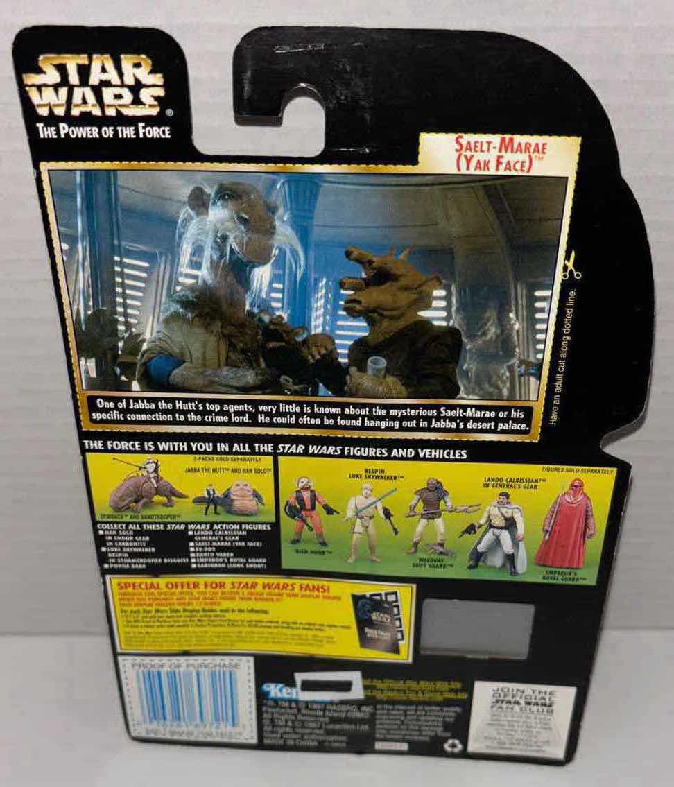 Photo 1 of NEW KENNER STAR WARS POWER OF THE FORCE ACTION FIGURE, SAELT-MARAE (YAK FACE) W BATTLE STAFF & FREEZE FRAME ACTION SLIDE