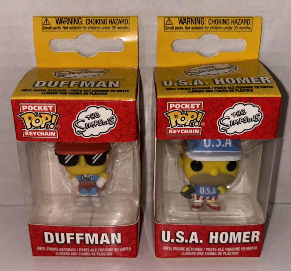 Photo 1 of NEW FUNKO POP! POCKET KEYCHAIN 2-PACK, THE SIMPSONS “DUFFMAN” & “USA HOMER” 