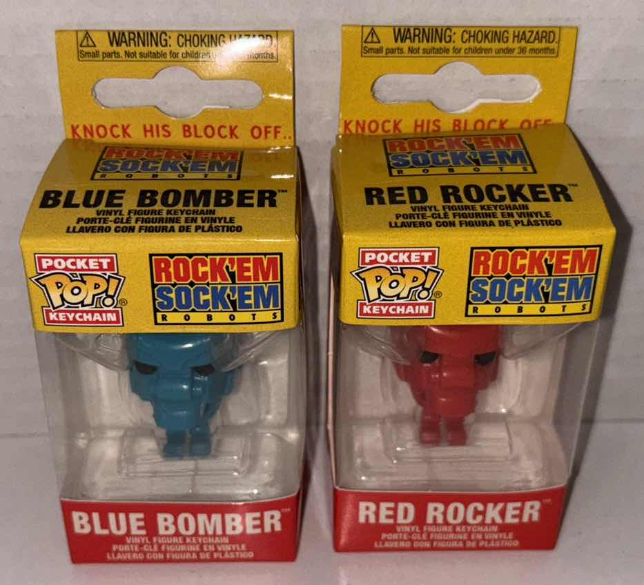 Photo 1 of NEW FUNKO POP! POCKET KEYCHAIN 2-PACK, ROCK EM’ SOCK EM’ ROBOTS “BLUE BOMBER” & “RED ROCKER” 
