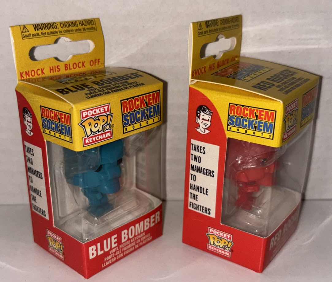 Photo 1 of NEW FUNKO POP! POCKET KEYCHAIN 2-PACK, ROCK EM’ SOCK EM’ ROBOTS “BLUE BOMBER” & “RED ROCKER”