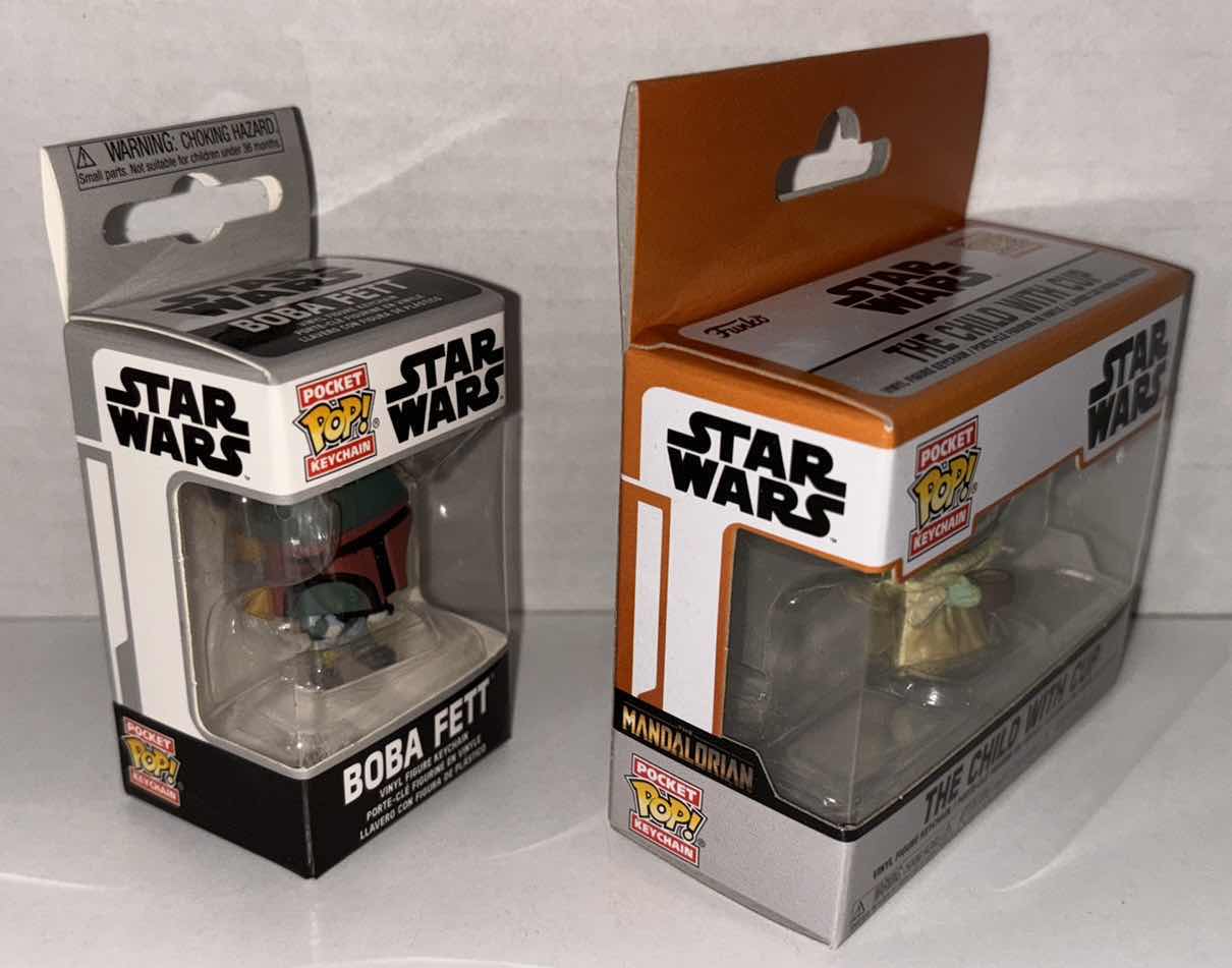 Photo 1 of NEW FUNKO POP! POCKET KEYCHAIN 2-PACK, STAR WARS “BOBA FETT” & “ THE CHILD WITH CUP” 