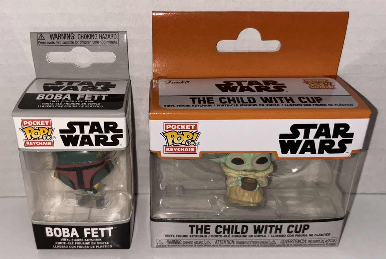 Photo 1 of NEW FUNKO POP! POCKET KEYCHAIN 2-PACK, STAR WARS “BOBA FETT” & “ THE CHILD WITH CUP” 