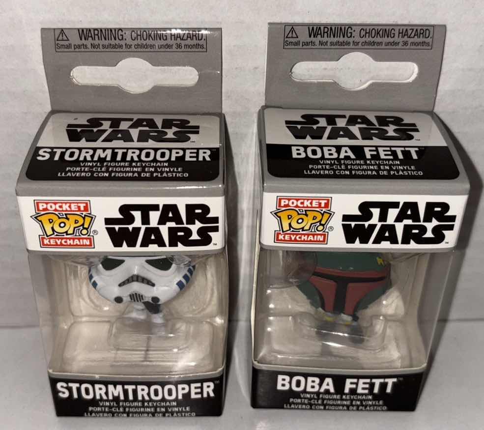 Photo 1 of NEW FUNKO POP! POCKET KEYCHAIN 2-PACK, STAR WARS “STORMTROOPER” & “BOBA FETT” 