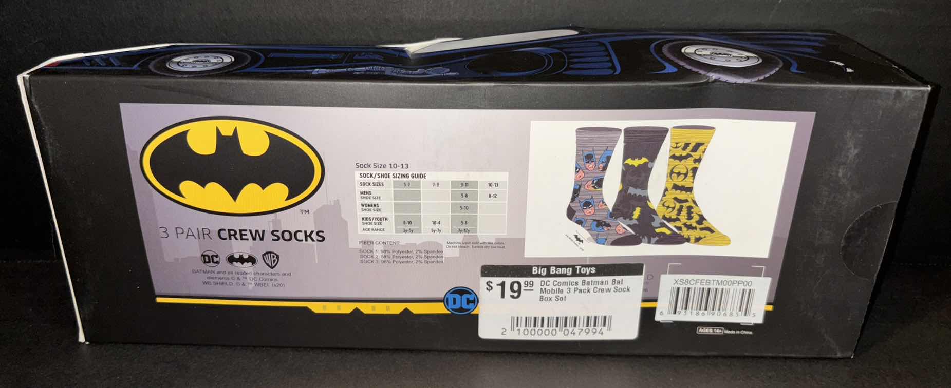 Photo 1 of NEW BIOWORLD DC COMICS BATMAN BATMOBILE 3-PACK CREW SOCKS FOR MEN, SIZE 8-12 