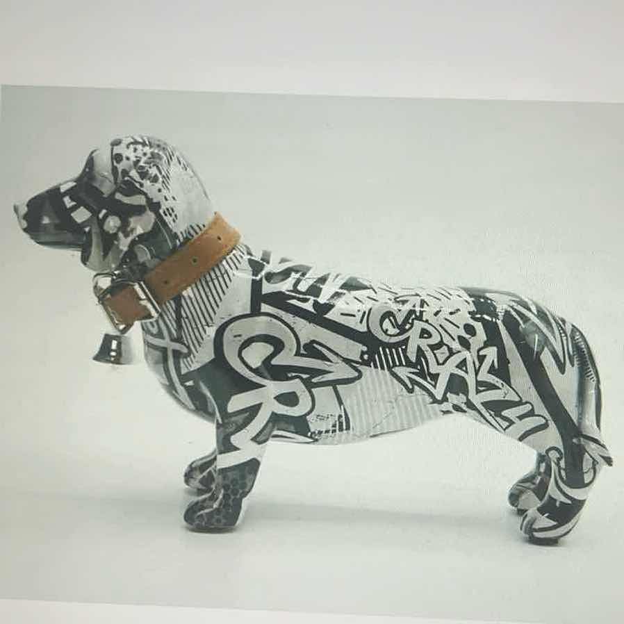 Photo 1 of BRANI COLORFUL RESIN BLACK AND WHITE DACHSHUND DOG W COLLAR 11” x 14” x 7”