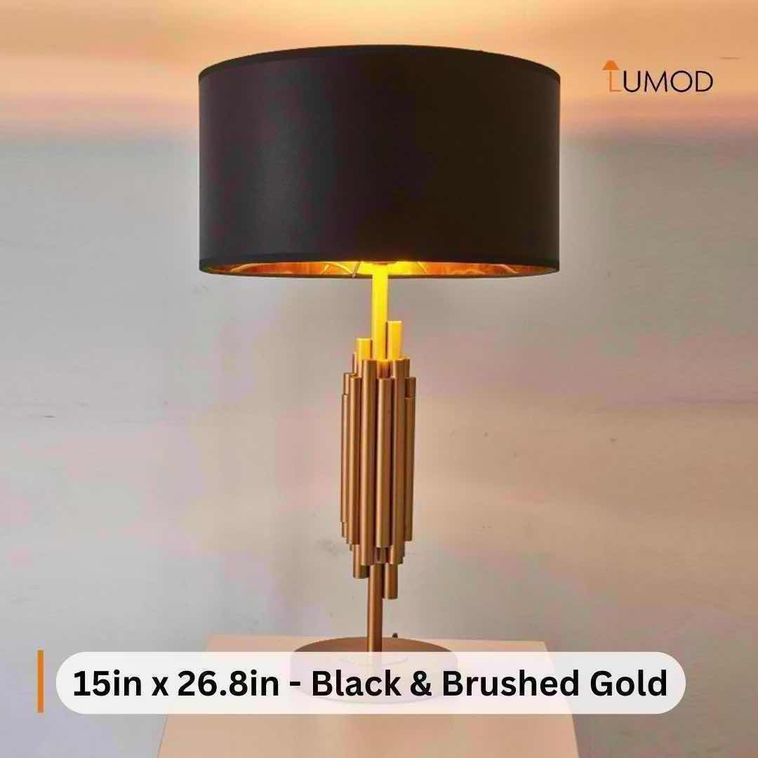 Photo 1 of 1-NIB MONROE BLACK & BRUSHED GOLD SHALLOW DRUM BEDSIDE TABLE LAMP 15” x 26.8” LL-1043-MF